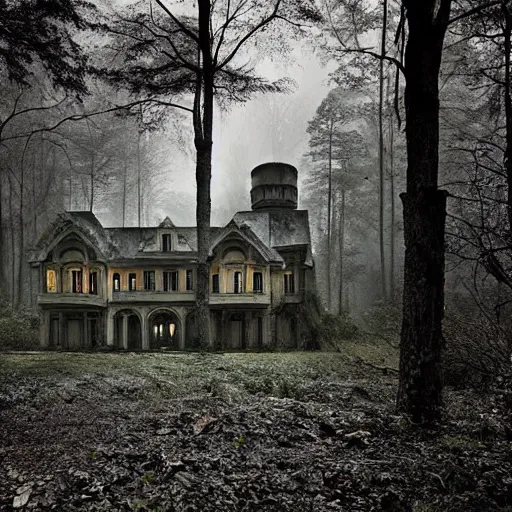 Prompt: abandoned mansion in the woods, dark, moody, gloomy, by Gregory Crewdson and James Gurney