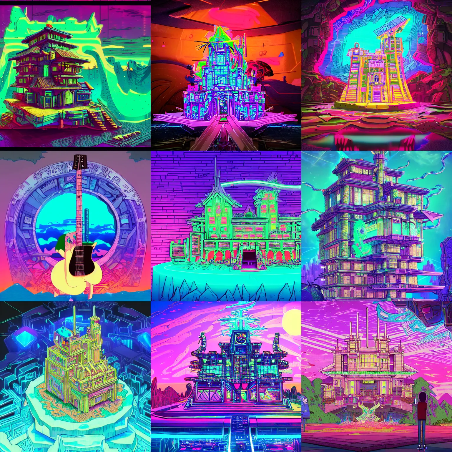 Prompt: a vaporwave cyberpunk photorealistic fantasy wood carving of a floating castle with tapestries of a gravimetric shear in spacetime viewed through the fractal lens of adalasion monotronics, in the world of adventure time, rick and morty, man playing guitar.