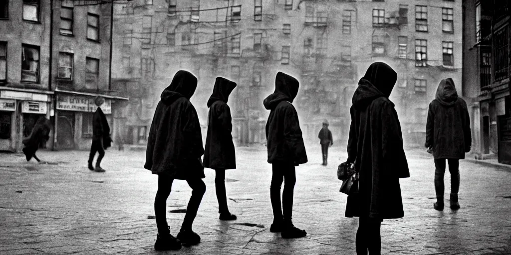 Prompt: sadie sink in hoodie at umbrella stand in ruined square, pedestrians on both sides ignore her, old tenements in background : grainy b & w 1 6 mm film, 2 5 mm lens, single long shot from schindler's list by steven spielberg. cyberpunk, steampunk. cinematic atmosphere and composition, detailed face, perfect anatomy