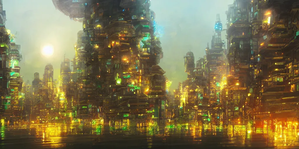Image similar to Legendary Biringan city at night with tall gilded towers, green lights, populated by Filipino mythological creatures, concept art, artstation
