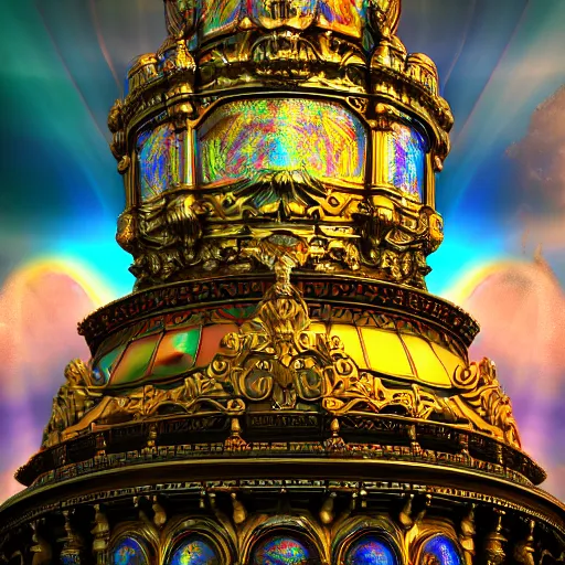 Prompt: Ornate Empire in the clouds heavenly beautiful sun light rainbows holographic iridescent dream 8k Depth of field Render HDR