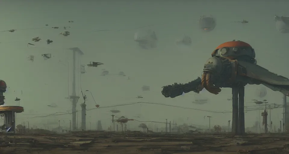 Image similar to A Giant Mechanical bird looms in the distance, mechanical bird, very hazy, rendered by simon stålenhag, rendered by Beeple, Makoto Shinkai, syd meade, environment concept, digital art, starwars, unreal engine, 3 point perspective, WLOP, trending on artstation, low level, 4K UHD image, octane render,