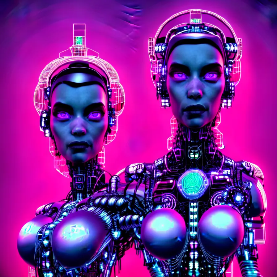 Prompt: symmetrical Beautiful 3d render portrait of one cybernetic flower queen in a sensual pose, in the style of Dan Mumford, with a lit futuristic cyberpunk city in the background.