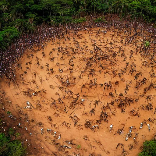 Image similar to aerial hd photograph of a uncontacted crowd of african congo tribe looking into camera, golden pyramid