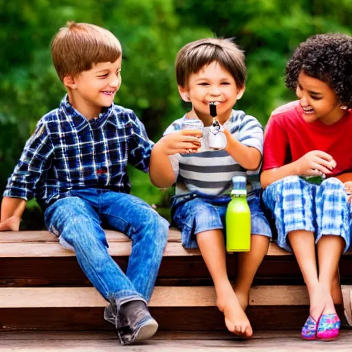 Prompt: kids sitting on a porch drinking root beer while looking at their lawn 8k in the background is a colorful galaxy in the sky