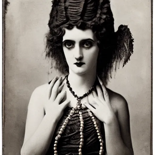 Prompt: photograph of a lilith wearing 1 8 9 0's fashion, looking at the camera, aesthetic, elaborate, intricate, highly detailed, detailed face, photorealism, smooth, sharp focus, rim light, art by man ray,