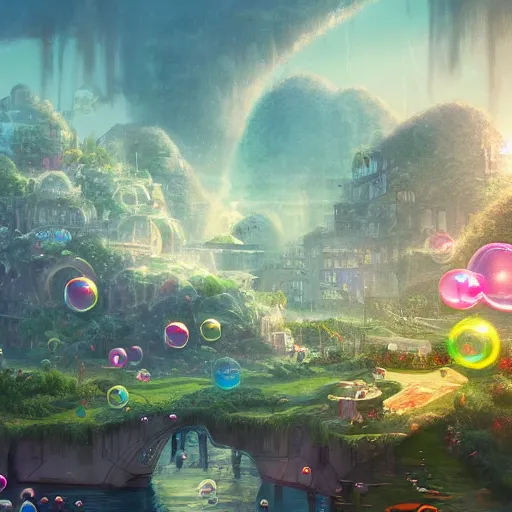 Image similar to a utopian city, filled with fauna, with bubbles floating around everywhere, dynamic lighting, fantasy concept art, trending on art station, stunning visuals, creative, cinematic, ultra detailed