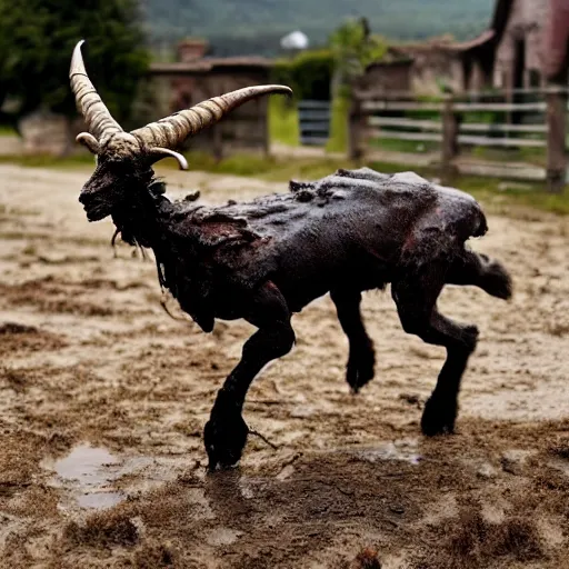 Image similar to horror, hd photography, a monstrous mutant goat creature is galloping across a muddy medieval village square in daylight, filthy matted fur, human eyes, disturbing, mutated, crocodile - like teeth