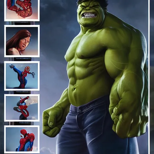 Image similar to characters portrait of Hulk mixed with Spiderman by ArtGerm and Tom Bagshaw, merged character, Full body shot, cinematic opening shot, 4k, highly detailed, cinematic lighting