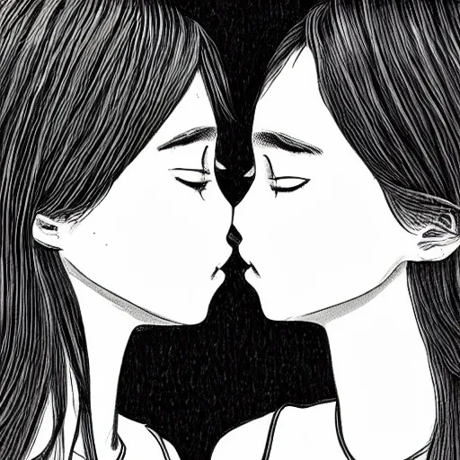 Image similar to portrait of two girls kissing, detailed manga art