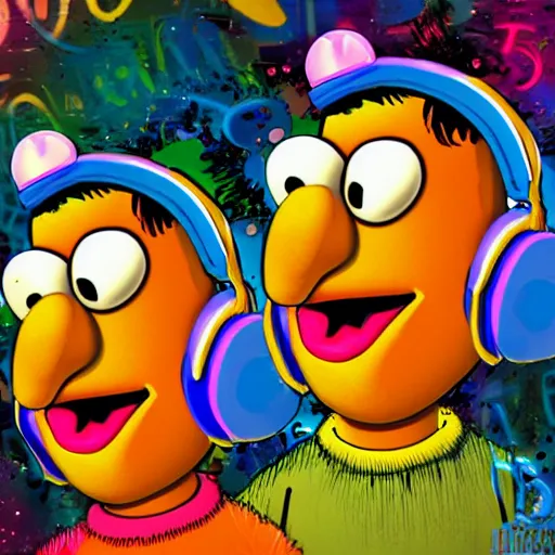 Image similar to svg sticker of a Pop-Wonder Bert&Ernie, Sesame-Street, at a rave, spinning records, giant headphones rocking out, wearing headphones, huge speakers, dancing, rave, DJ, spinning records, digital art, amazing composition, rule-of-thirds, award-winning, trending on artstation, featured on deviantart