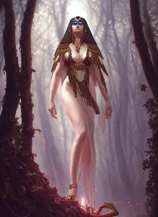 Image similar to cleopatra as the angel of death in a forest, deep focus, d & d, fantasy, intricate, elegant, highly detailed, digital painting, artstation, concept art, matte, sharp focus, illustration, hearthstone, art by artgerm and greg rutkowski and alphonse mucha