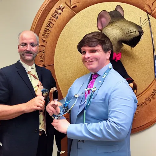 Prompt: photo of a mayor handing the key to the town hall to a giant rat