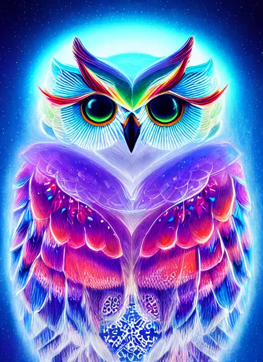 Image similar to symmetry!! product render poster vivid colors divine proportion owl, ice and snow, glowing fog intricate, elegant, highly detailed, digital painting, artstation, concept art, smooth, sharp focus, illustration,