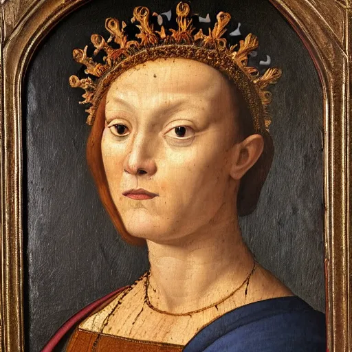 Image similar to a renaissance style portrait painting of a Lion, wearing a crown and cape, dark background