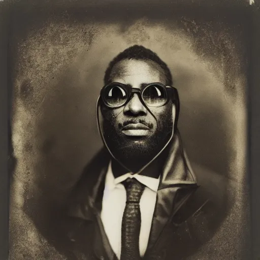 Prompt: wet plate portrait, black man in moncler jacket and sunglasses,