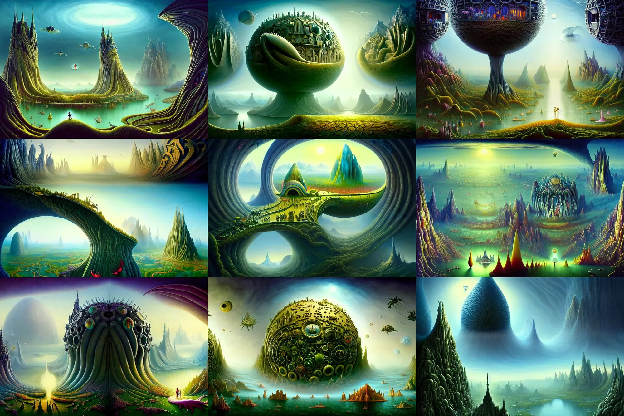 Prompt: a beautiful epic stunning amazing and insanely detailed matte painting of alien dream worlds with surreal architecture designed by Heironymous Bosch, mega structures inspired by Heironymous Bosch's Garden of Earthly Delights, vast surreal landscape and horizon by Cyril Rolando and Andrew Ferez and Thomas Kinkade, masterpiece!!, grand!, imaginative!!!, whimsical!!, epic scale, intricate details, sense of awe, elite, wonder, insanely complex, masterful composition, sharp focus, dramatic lighting