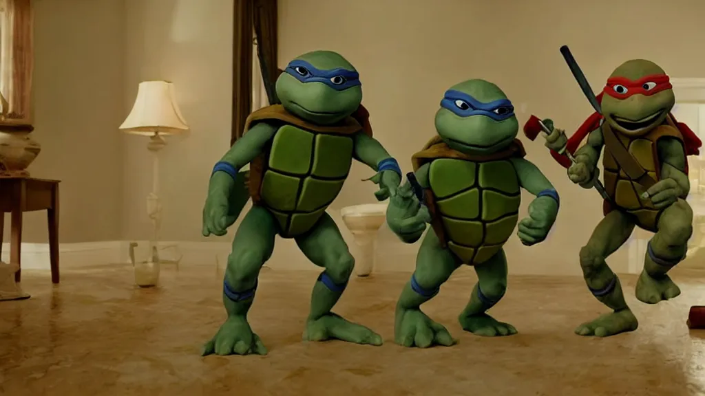 Image similar to a ninja teenage mutant turtle made of wax and water floats through the living room, film still from the movie directed by Denis Villeneuve with art direction by Salvador Dalí, wide lens