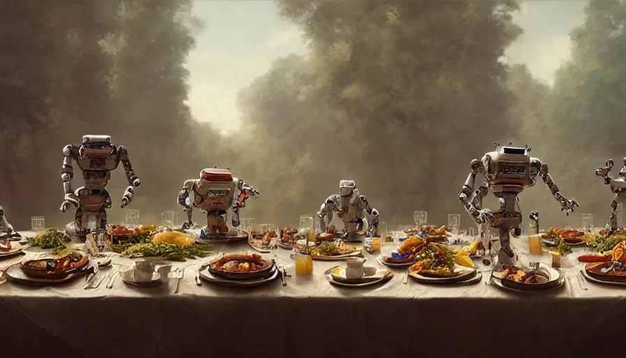 Image similar to a table dinner of robots where robots are dressed like the characters from the midsommar movie, ornate, sharp focus, wide shot, trending on artstation, masterpiece, by greg rutkowski, by ross tran, by fenghua zhong, octane, soft render, ultrarealistic, colorful, cinematic