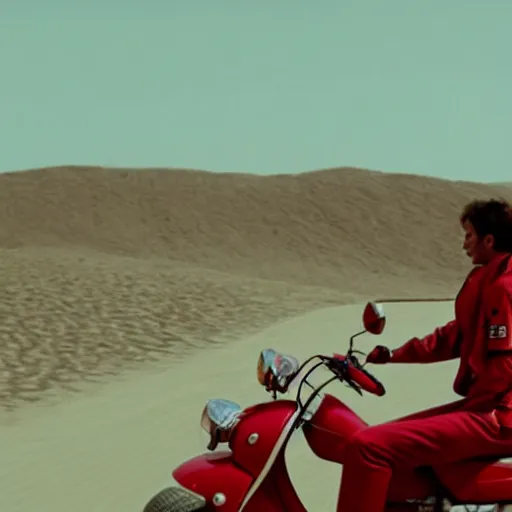 Prompt: a man in a red bomber jacket riding a moped through the desert, film still by Wes Anderson