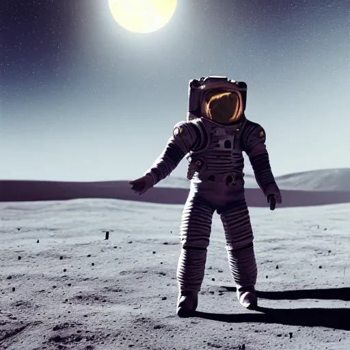 Image similar to cowboy on the moon, standing pose, planet earth background, photorealistic, octane render, blender render, dynamic lighting