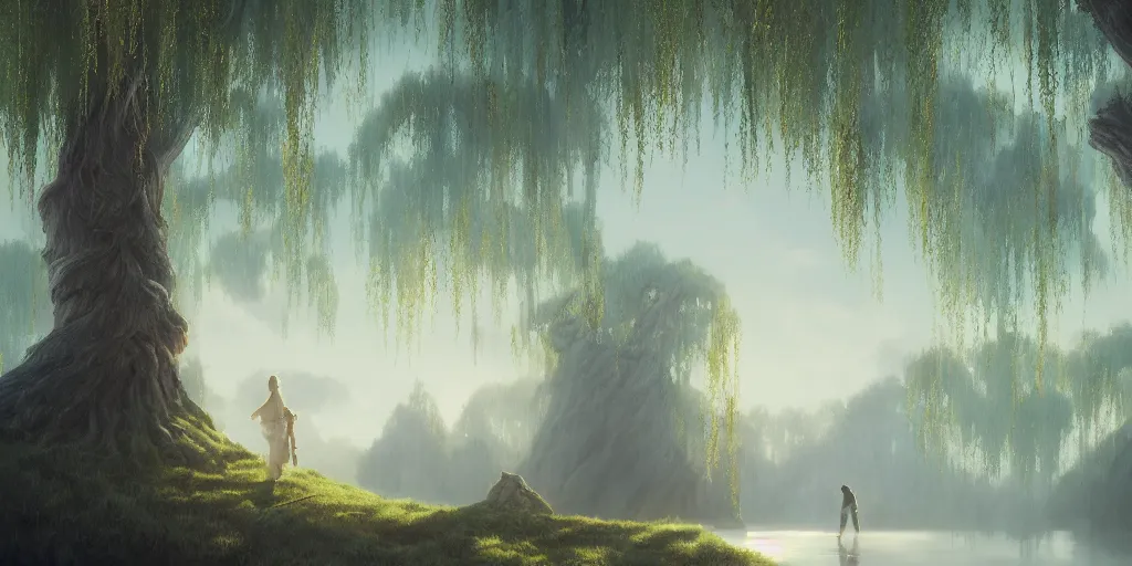 Prompt: willow tree, matte oil painting, highly detailed, hyperrealistic, cinematic, breathtaking, beautiful composition, Studio Ghibli, Dan Mumford, volumetric lighting, octane render, 4K resolution, trending on artstation