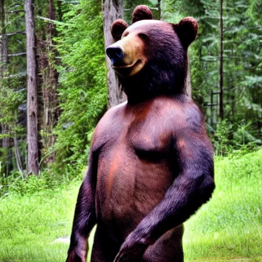 Prompt: human! bear werecreature, photograph captured at woodland creek