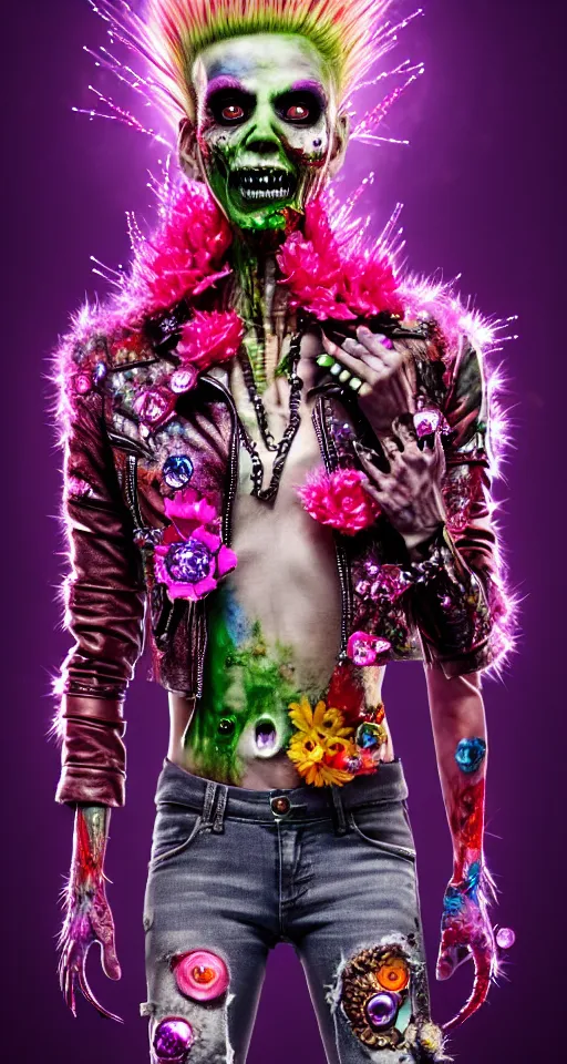 Prompt: action shot of a punk rock zombie with multicolored skin and pink crystal mohawk, red leather jacket, anatomical body, covered in flowers and glitter, digital art, octane render, fantasy, cartoonish, cinematic lighting, visionary art by alex grey