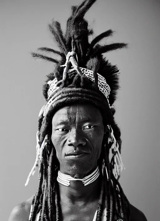 Prompt: analogue photo of an african chief wearing Japanese Haori & Hakama, african facial features, full body shot, 35mm, f/1.4, black & white, butterfly lighting, national geographic, photographed by Martha Cooper,