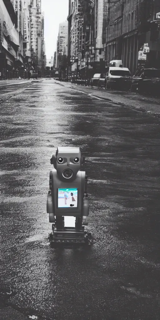 Image similar to robot on the road, city, photo, rain,