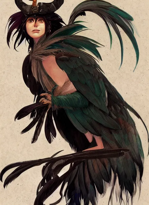 Image similar to concept art painting of a harpy bird person with black feathers, pirate clothes, detailed, realistic, cel shaded, in the style of makoto shinkai and james gurney and alphonse mucha and greg rutkowski and artgerm