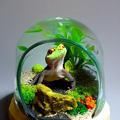 Prompt: angry bird gecko sitting inside a terrarium, fantastic