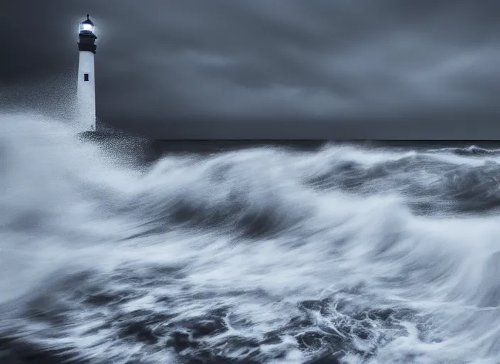 Image similar to a photo of a lighthouse in a storm at night. lonely, churning waves, splashing on lighthouse. warm lighting, long exposure