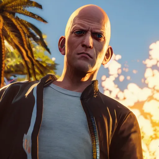 Image similar to a portrait of saitama as a gta 5 character ingame shot from gta 5, ray tracing x, wet reflections, unreal engine 5, intricate details, fantasy, hyper realism, humongous view, smooth, cinematic