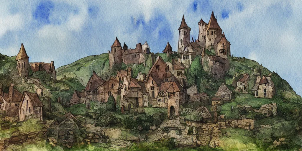 Image similar to landscape with a medieval gothic castle and a medieval village in a valley, watercolor-wash illustration by Jean-Baptiste Monge, post processing, clean minimal svg vector illustration