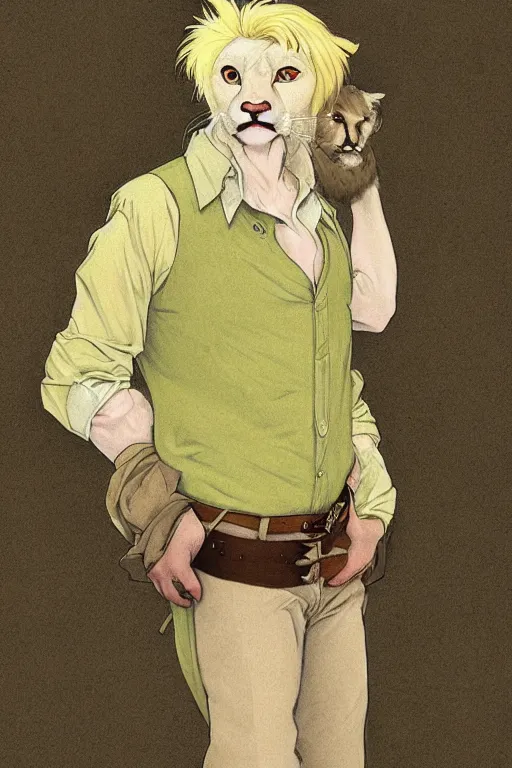 Prompt: A full commission of a male Furry Anthro albino mountain lion Fursona wearing a yellow button-down shirt, olive green slacks in a old-timey western town, intricate, elegant, highly detailed, digital painting, artstation, concept art, smooth, sharp focus, illustration, art by Krenz Cushart and Artem Demura and alphonse mucha
