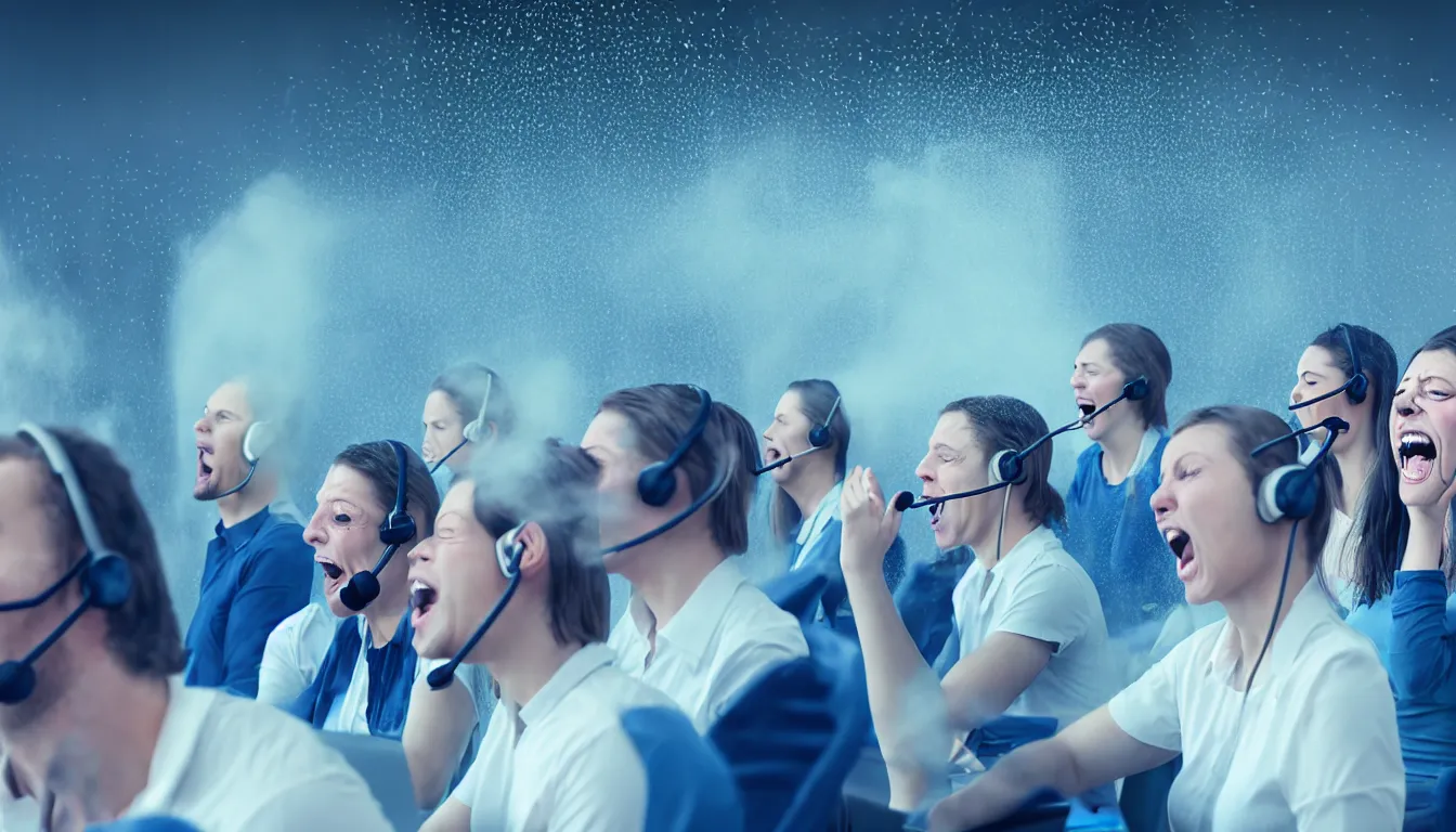 Image similar to hyper realistic photo of the interior of a call centre, a weathered young man, women, laughter and screaming face, feedback loop, burst of powders, spraying liquid, volumetric lighting, twisting vapour, bellowing dust, full colour, upscale, 8 k