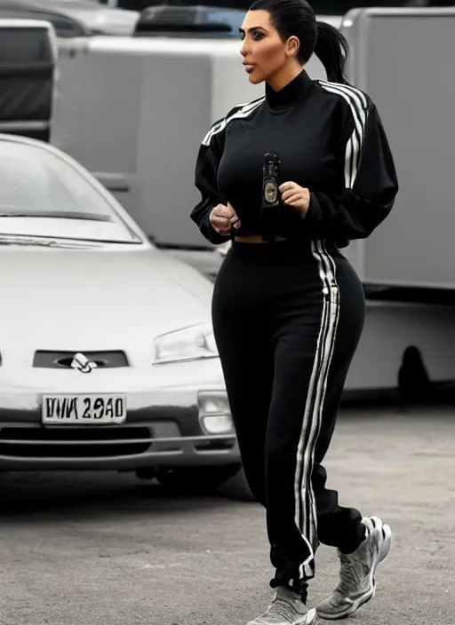 Image similar to Kim kardashian wearing a tracksuit, backround: caravan, uhd, photo: realistic, 4k, cinematic, faint light, wide shot, cigarette in hand