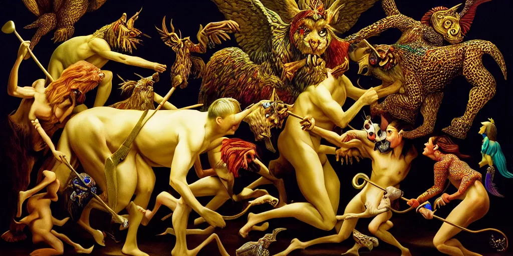 Image similar to the three imaginary fates pleasure dream adventure imaginary mythical animals love abstract oil painting by gottfried helnwein pablo amaringo raqib shaw zeiss lens sharp focus high contrast chiaroscuro gold complex intricate bejeweled