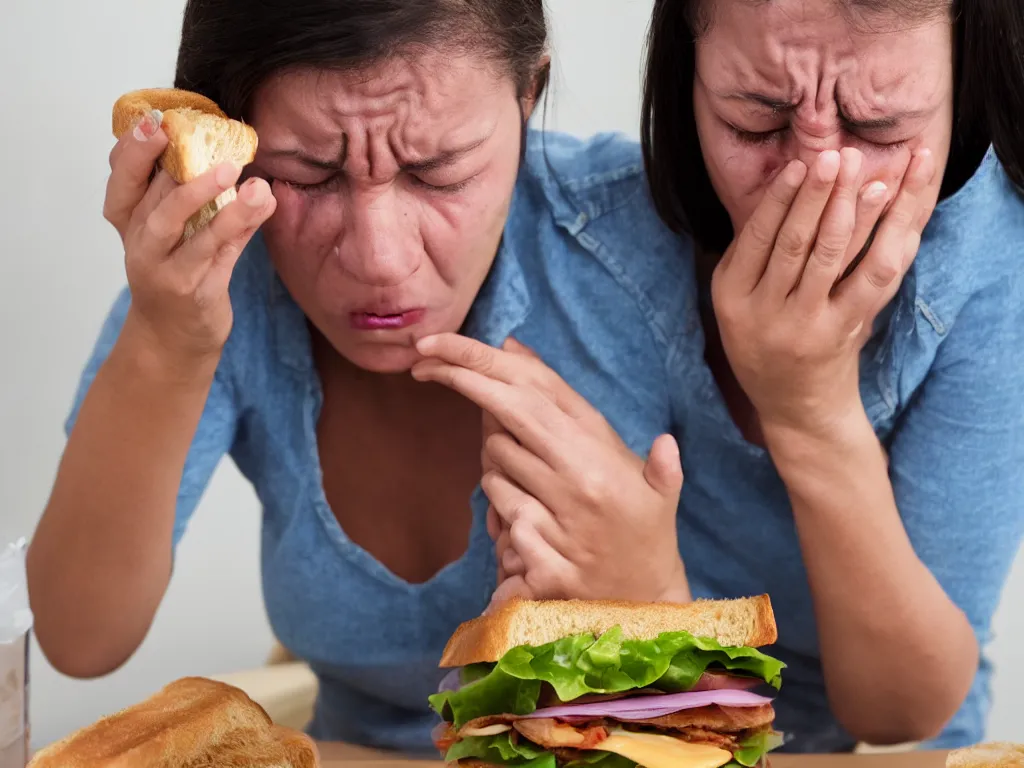 Image similar to woman very upset that she dropped her sandwich on the floor and starts bawling and crying, High Definition detail, 8K, photography