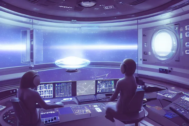 Prompt: a space-craft control room with windows looking out into the cosmos, a computer generated female avatar is on the heads up display, sci fi, Ridley Scott, cinematic, cinematic lighting, artstation, HD,