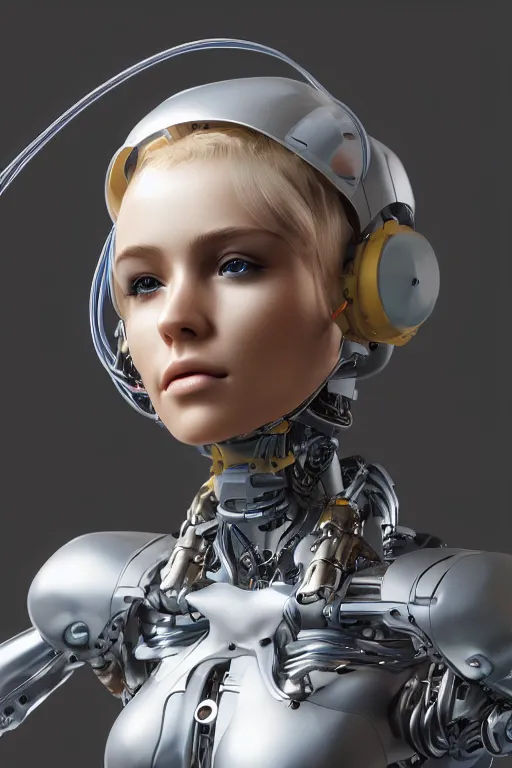 Image similar to a beautiful woman with blonde hair wearing robot suit with wires and light, highly detailed, photorealistic, artstation, smooth