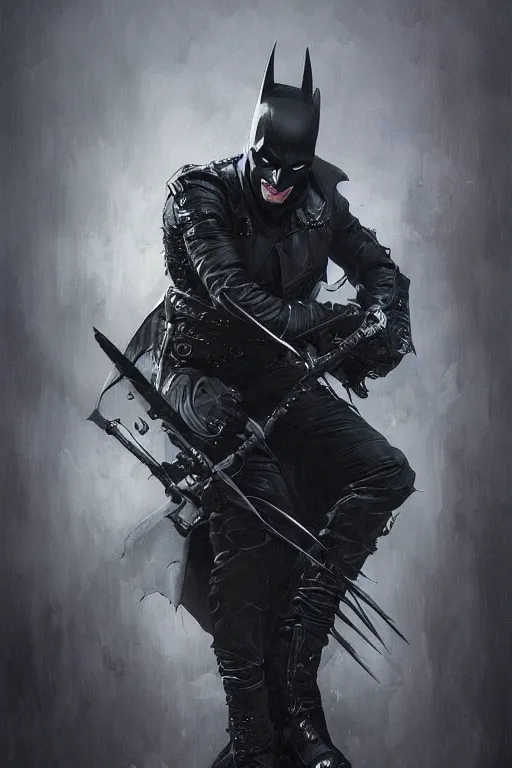 Image similar to Portrait of Robert Pattinson as The Batman Who Laughs, dc comics, dark, intricate, highly detailed, smooth, artstation, digital illustration by Ruan Jia and Mandy Jurgens and Artgerm and Wayne Barlowe and Greg Rutkowski and Zdislav Beksinski