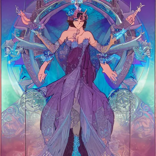 Image similar to ice godess devil of tranquility with poison ability, stone background ::1 hyper detailed, character concept, full body, dynamic pose::2 intricate lineart, cerpuscular rays, by yoshitika amano, alfons mucha, 4k