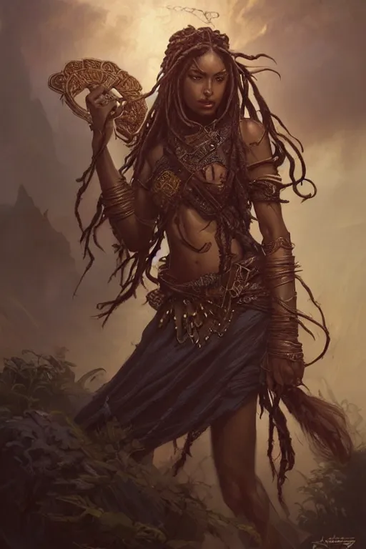 Image similar to dreadlock warrior princess, deep focus, d & d, fantasy, intricate, elegant, highly detailed, digital painting, artstation, concept art, matte, sharp focus, illustration, dark fantasy style art, hearthstone, art by artgerm and greg rutkowski and alphonse mucha