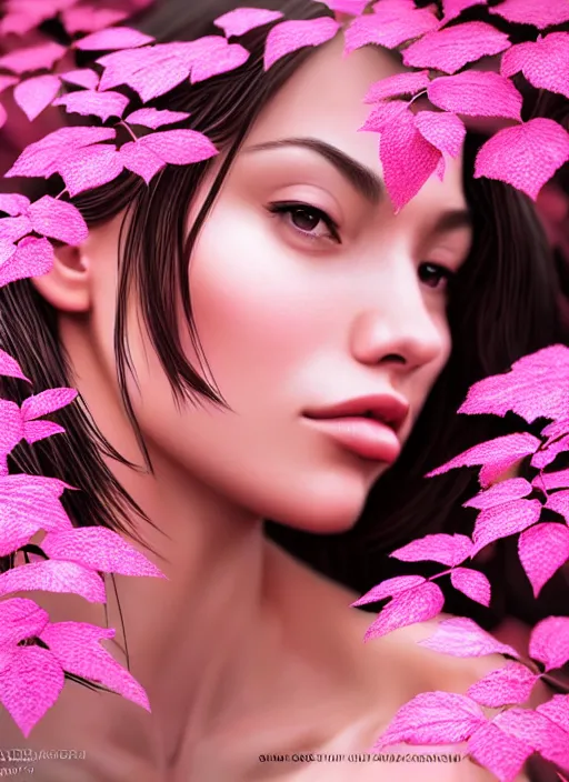 Prompt: photo of a gorgeous female in the style of stefan kostic, realistic, half body shot, sharp focus, 8 k high definition, insanely detailed, intricate, elegant, art by stanley lau and artgerm, extreme bokeh pink foliage