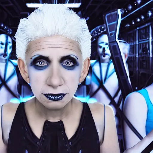 Image similar to troop of freak show women with white hair, white hair, tight light blue neopren suits, futuristic production facility, sci - fi, highly detailed, cinematic