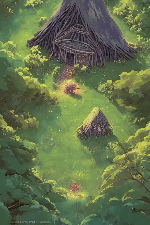 Image similar to a lonely witch's hut in a clearing in the forest on which a giant spaghetti monster is approaching, top view rule of thirds golden ratio, fake detail, trending pixiv fanbox, acrylic palette knife, style of makoto shinkai studio ghibli genshin impact james gilleard greg rutkowski chiho aoshima