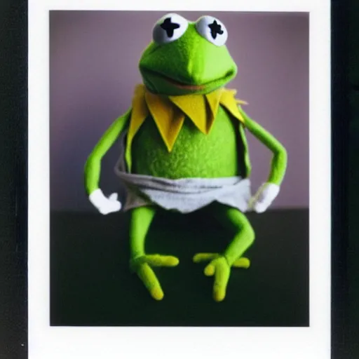 Prompt: Kermit the frog dressed as a Obi Wan, polaroid photo, instax, white frame, by Warhol,