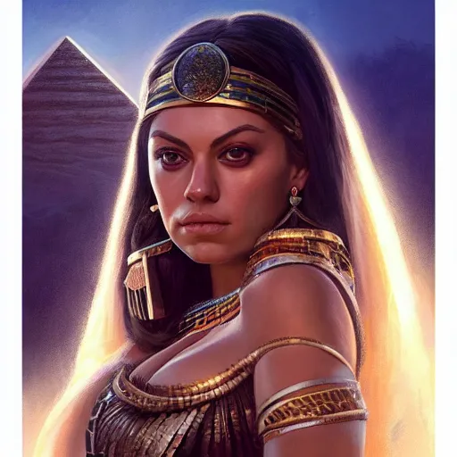 Prompt: a closeup portrait of a young mila kunis as cleopatra, gorgeous view, pyramid background, dramatic lighting, painted by artgerm, painted by greg rutkowski, digital art, trending on artstation